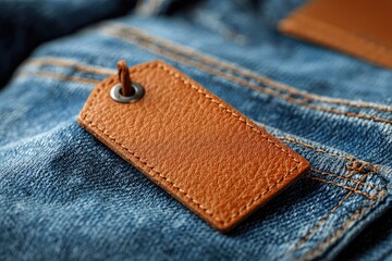 Close-up of a tan leather tag on denim jeans