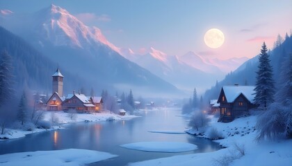 Winter Village on River with Snowy Mountains and Full Moon
