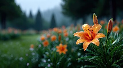 Dramatic Orange Daylily Blossom in Lush Green Garden with Mist Enshrouded Trees Under Cinematic Lighting Close Up