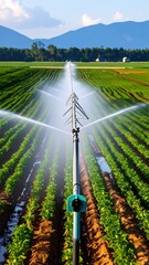 Irrigation system watering a field of crops