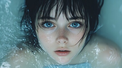 Young Girl with Blue Eyes in Water Surrounded by Koi Fish