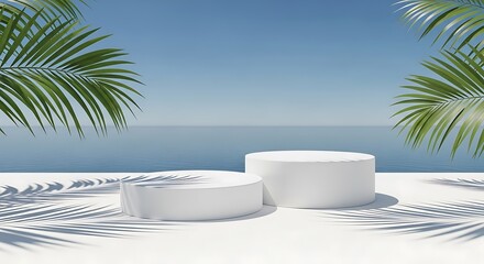 Fototapeta premium Coastal Display Pedestals Under Palm Fronds