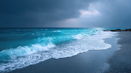 Fototapeta premium Dramatic Seascape with Crashing Waves and Ominous Cloudy Sky in Cinematic HDR Light