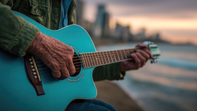 Elderly man playing a teal acoustic guitar by the ocean at sunset