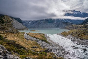 trekking rout where we can see turquoise lake ,snow cap mountain , Glacier ,iceberg ,beautiful Aoraki mt. Cook Hooker Valley track and Tasman lake glacier South Island New Zealand 