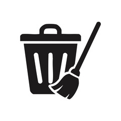 Clean Up Icon with Broom. This symbol signifies tidiness, decluttering, and effective refuse disposal. It conveys order, sanitation, and removal of unwanted items.