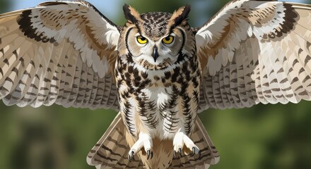 Obraz premium Majestic Great Horned Owl in Flight, Wings Spread Wide, Intense Gaze.
