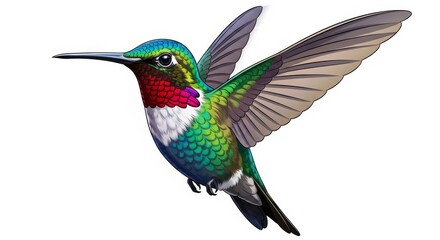 Obraz premium Vibrant Ruby-Throated Hummingbird in Flight, Detailed Illustration on White Background.
