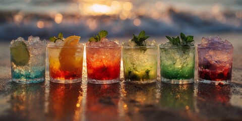 Lineup of colorful summer cocktails with ice and mint on a wet sandy beach at sunset. Concept for vacation refreshment, summer party drinks and tropical bar menu