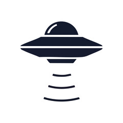 UFO Flying Saucer Icon. Modern pictogram showcasing an otherworldly vessel. It symbolizes cosmic wonder, interstellar journeys, ultimate enigmas, and extraterrestrial life.