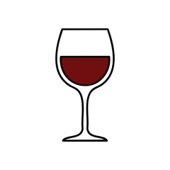 Classic Red Wine Glass Icon. A simple vector graphic depicting an elegant stemware vessel filled with a dark ruby beverage. It symbolizes celebration, sophistication, and relaxation.