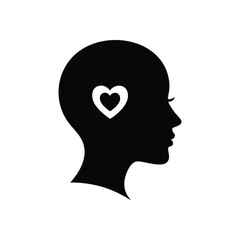 Woman Head Silhouette with Loving Heart. Vector illustration of a feminine profile featuring a prominent heart symbol within, conveying concepts of affection, care, and emotional intelligence.