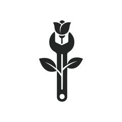 Green Tech Wrench Flower Symbol. This unique botanical instrument emblem represents harmonious growth and ecological maintenance. It blends industrial innovation with nurturing nature for a.