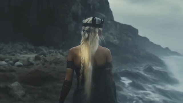 Powerful valkyrie queen with horned crown and long white braid stands on rocky coast, observing stormy sea with mystical light emanating from her back