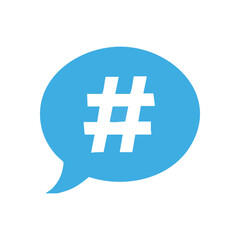 Obraz premium Social Media Hashtag Speech Bubble. A bold hash symbol in a vivid blue dialogue cloud. Represents popular trends, digital discourse, and global connectivity across online platforms.