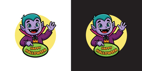 Adorable cartoon vampire wishing Happy Halloween with a friendly wave and a toothy grin, perfect for spooky season designs, party invitations, and fun Halloween promotions