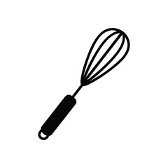 Cooking Whisk Utensil Icon. A dark graphic of a blending implement for food. It signifies culinary arts, home baking, and delicious meal preparation.