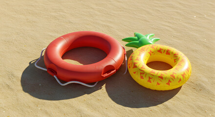 Obraz premium Vibrant Summer Scene with Red Lifebuoy and Yellow Pineapple Float on Sandy Beach