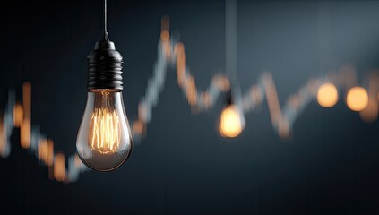 Illuminated lightbulb, financial graph backdrop