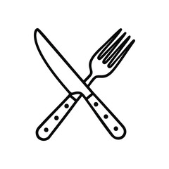 Dining Utensil Icon Outline. Minimalist graphic art of crossed eating implements. Symbolizes meals, cuisine, or restaurant service with simple elegance.