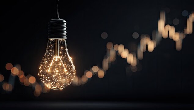 Illuminated lightbulb against a dark background with financial data