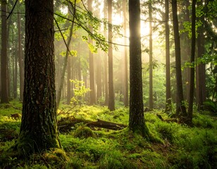 Fototapeta premium Sunlight filtering through a misty forest