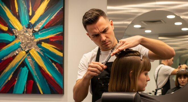 Male hairdresser cutting woman's hair with scissor. Professional hair stylist working in beauty salon interior. Hair care and style.