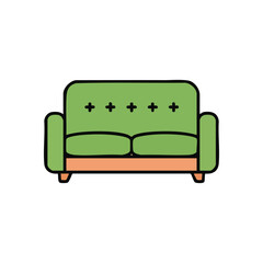 Green Couch Icon Cartoon Style. A cozy illustration of a verdant two seat divan. It symbolizes relaxation, home comfort, and a welcoming interior space.