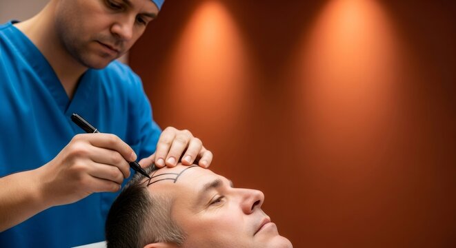 Caucasian man undergoing hair transplant surgery. Doctor drawing lines on patient's head for hair restoration procedure. Medical treatment.