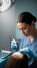 Woman performing a hair implant procedure under a bright medical lamp. Hair transplant surgery for baldness treatment. Haircare clinic concept.