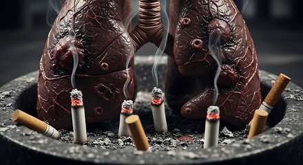 Visualizing smoking consequences, damaged lungs surrounded by cigarettes ashes