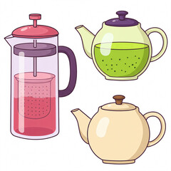 Illustration of a French press and two teapots in different colors.