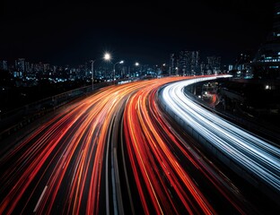 Night highway lights streaking through urban cityscape