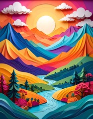 Colorful paper cut mountains and valley scene