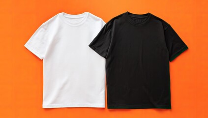 Two blank t-shirts, white and black, laid flat on an orange background