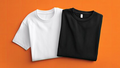 Two folded t-shirts, white and black, on an orange background