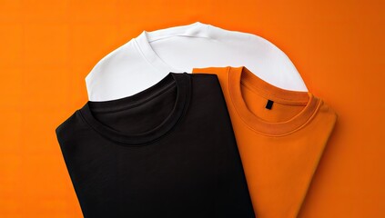 Three folded t-shirts on orange background