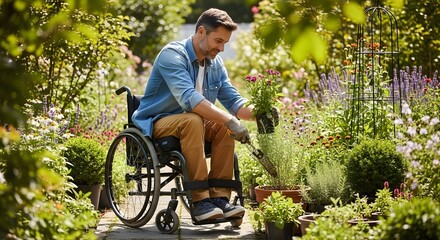 Man in Wheelchair Tending to Plants in a Lush Garden Embracing Nature and Horticulture