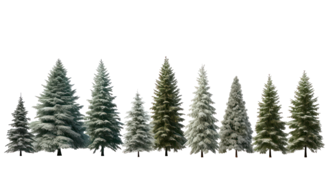 Collection of snowy pine trees isolated on transparent background