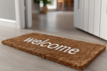 Welcome doormat on light-colored wooden floor, doorway to interior
