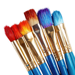 Fototapeta premium Five paintbrushes with blue handles and gold ferrules, stained with red, orange, and blue paint. background removed