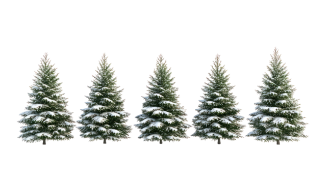 Five snow covered pine trees isolated on transparent background