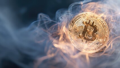 Golden Bitcoin coin engulfed in fiery smoke