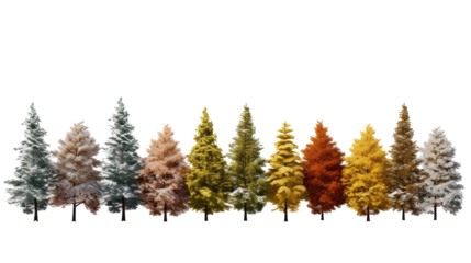 Collection of colorful artificial christmas trees isolated on transparent background