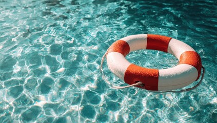 A life preserver floats on tranquil water