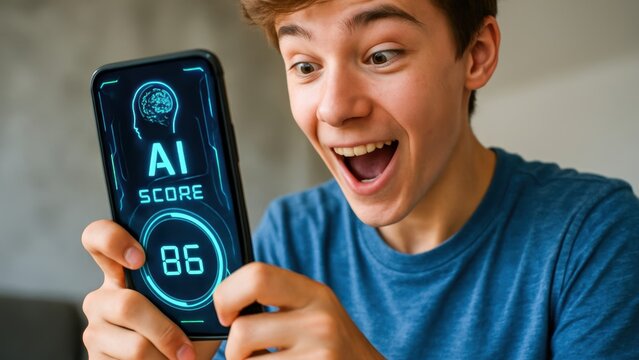 AI in credit scoring displayed on smartphone screen with excited young man holding device and smiling at high score