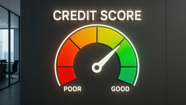 Ai in credit scoring concept with colorful gauge showing credit score from poor to good on dark wall background