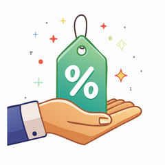 Hand Holding Green Discount Tag with Percentage Symbol