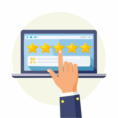 Hand Clicking Five Star Rating on Laptop Screen