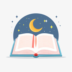 Open Book Under Night Sky with Crescent Moon